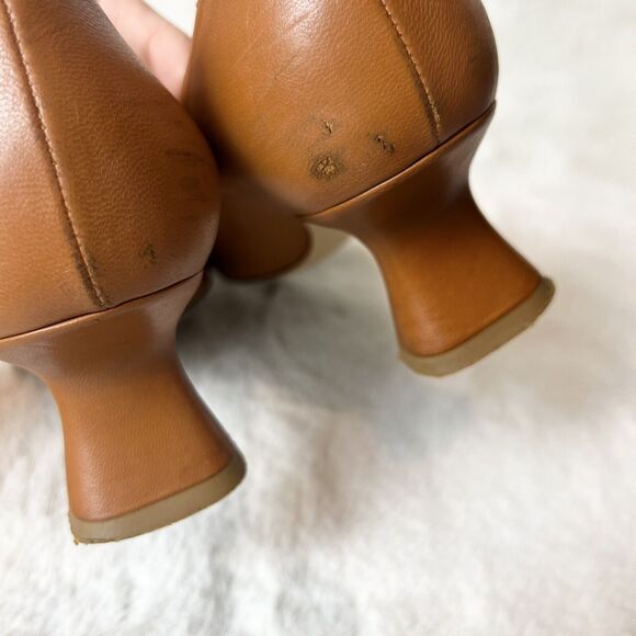 M.Gemi Square Toe Block Heels Shoes Cognac Brown Leather Italy Sz 37 / 6.5 US - Picture 7 of 11